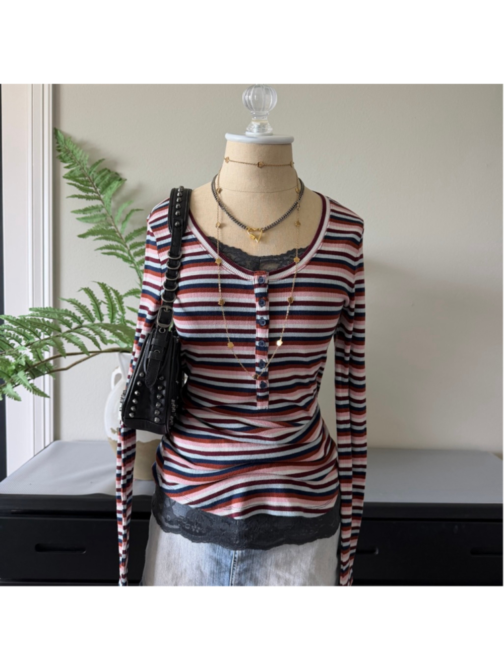 A.N.A Striped Henley Long Sleeve Ribbed Top Size M